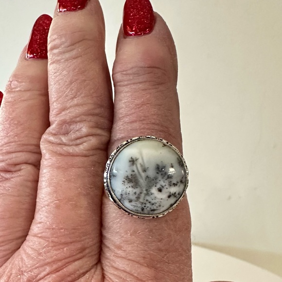 💕 Dendritic agate round gray silver overlay gemstone ring stamped 925 adjustable - Picture 5 of 7
